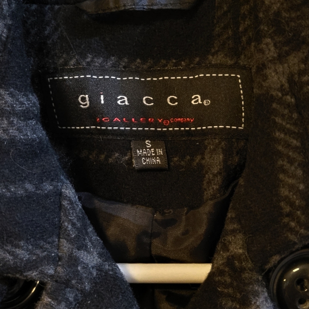 Giacca Plaid Black & Gray Wool Blend Military Style Peacoat - Picture 4 of 7